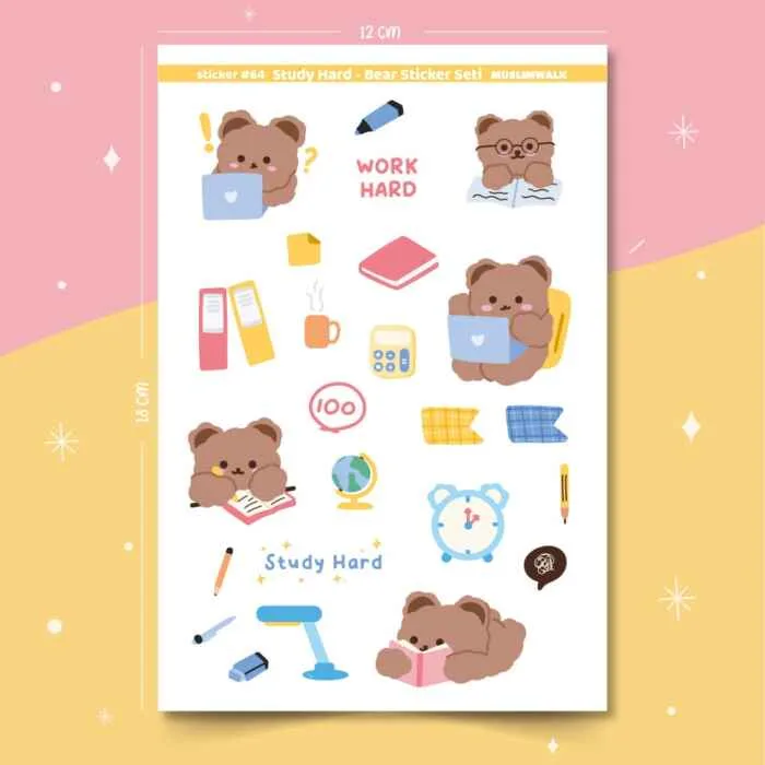 Study Hard - Bear Sticker Seti – Laptop Telefon Planlayıcı Dolap İçin Sticker Seti #64 - Görsel 1