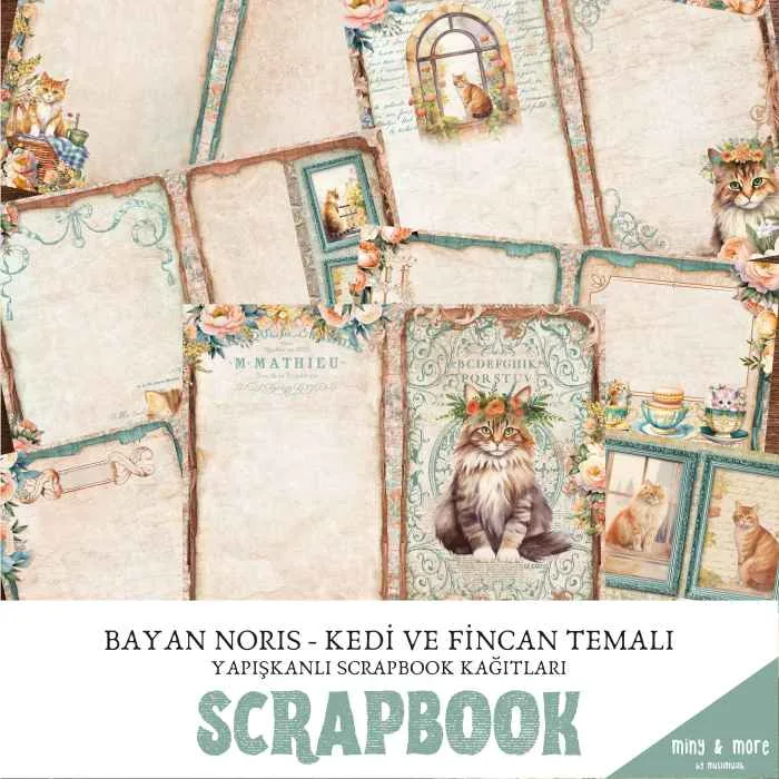 Bayan Noris - Kedi ve Fincan Temalı Scrapbook Kağıtları 10'lu Set #SB105 - Görsel 1